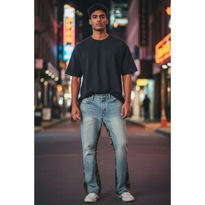 MNML Light Wash Jeans Camo Panel Streetwear Denim Raw Hem Size 33 Used